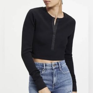 NWT Good American Womens Thermal Fitted Henley Crop Top Black Long Sleeve 1/Smal